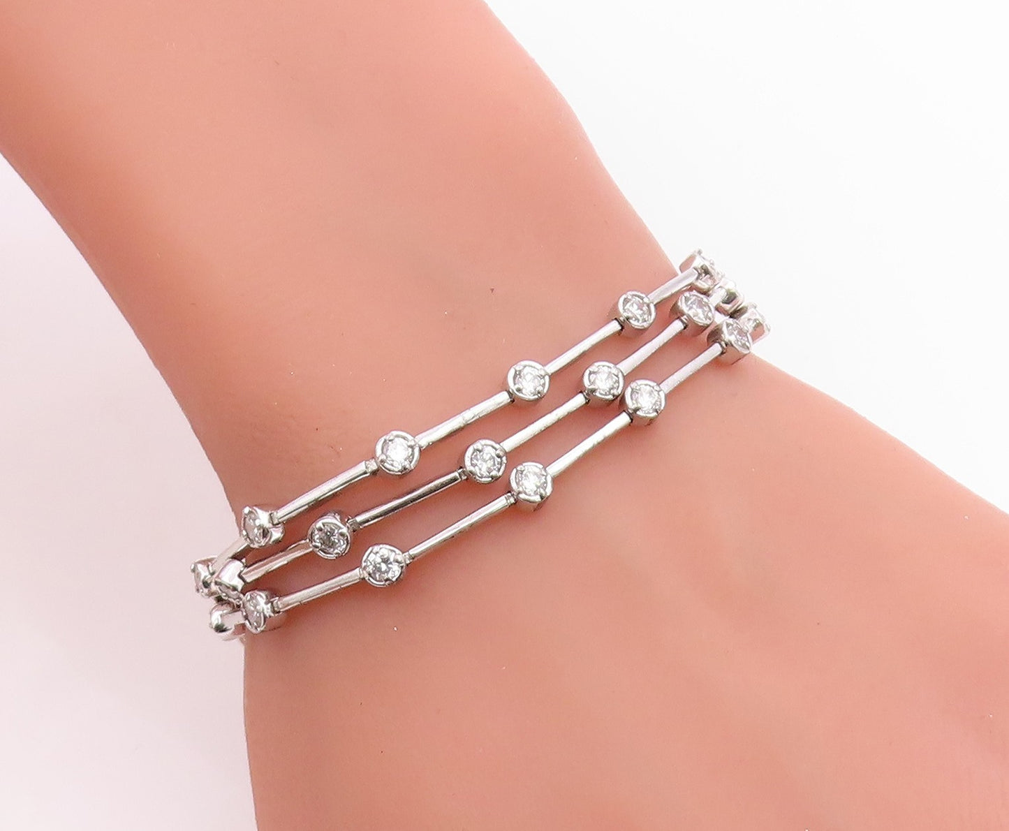 925 Sterling Silver Vintage Bracelet Bezel Set Topaz Multi Strand Link  BT12082