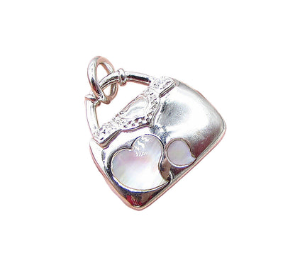 925 Silver  Inlay Mother of Pearl & CZ Heart Lady Purse Charm Pendant  PT1654