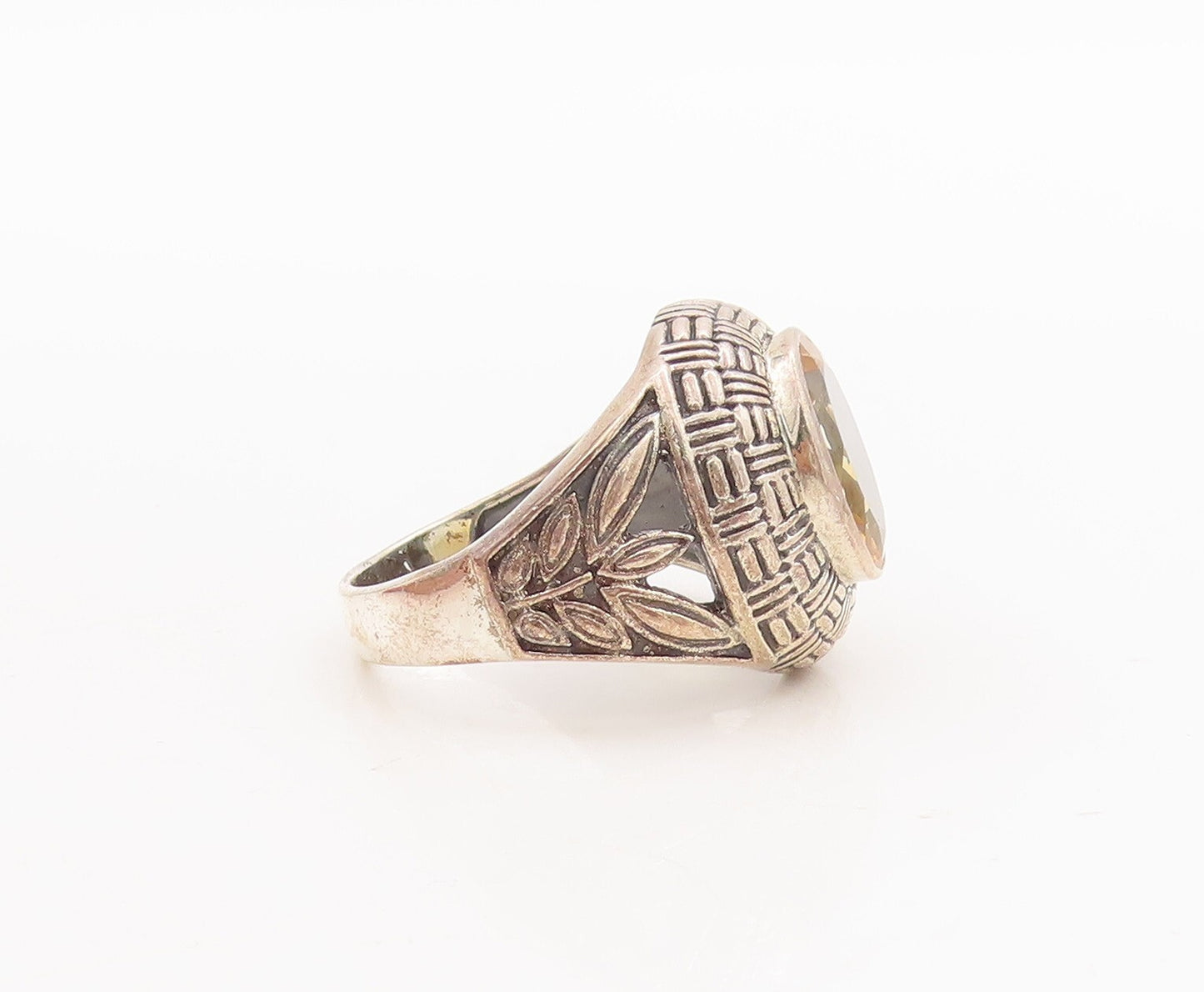 925 Sterling Silver Vintage Ring Woven Design Etched Citrine  Sz 8.5  RG29190