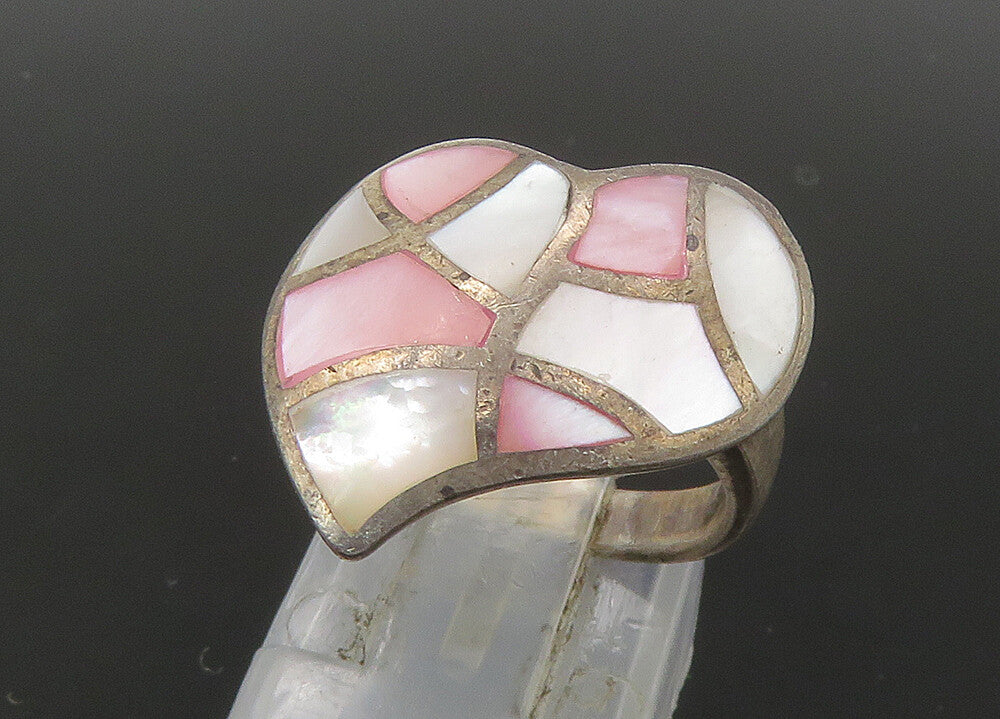 925 Sterling Silver  Vintage Mother Of Pearl Heart Cocktail Ring Sz 6  RG22541