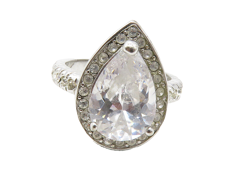 925 Sterling Silver  Tear Drop Cubic Zirconia Cocktail Ring Sz 7  RG12357