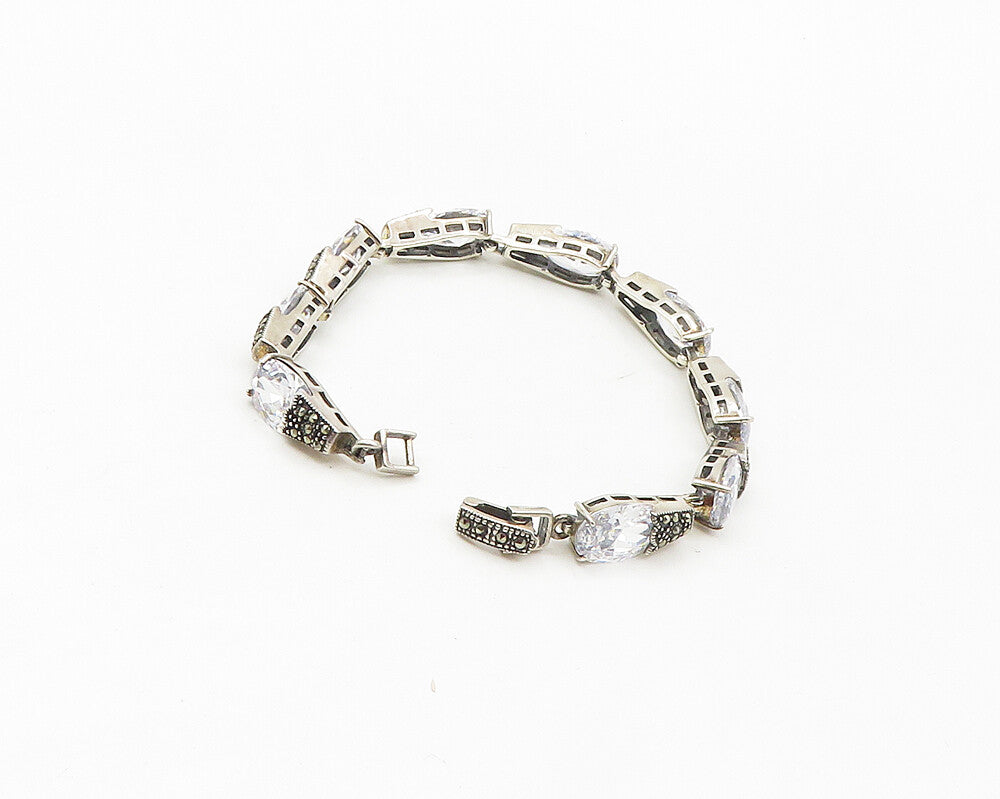 925 Sterling Silver  Shiny Cubic Zirconia & Marcasite Chain Bracelet  BT6829