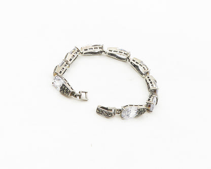 925 Sterling Silver  Shiny Cubic Zirconia & Marcasite Chain Bracelet  BT6829