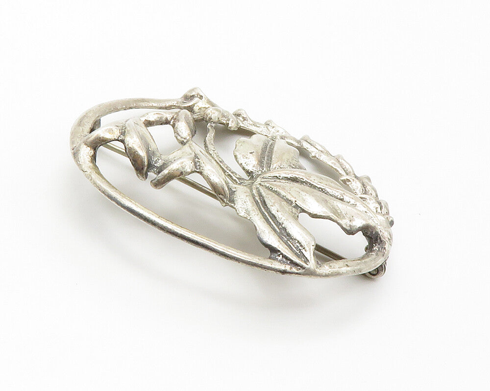 925 Sterling Silver  Vintage Shiny Floral Leaves Round Brooch Pin  BP5576