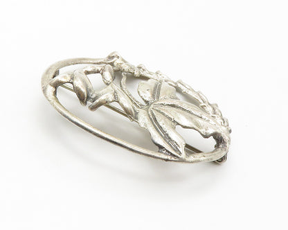 925 Sterling Silver  Vintage Shiny Floral Leaves Round Brooch Pin  BP5576