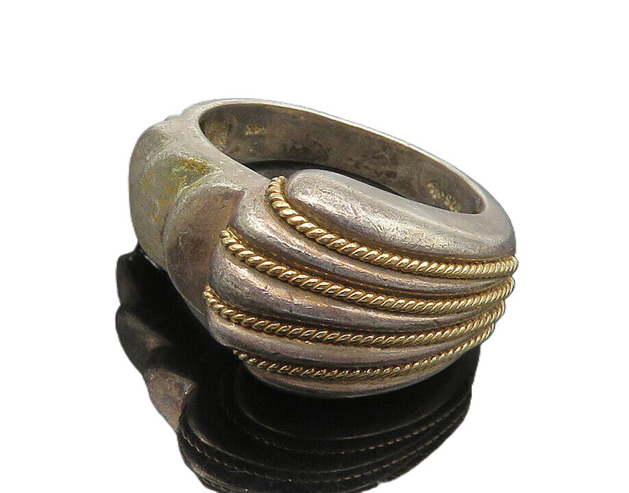 925 Silver & 14K GOLD  Vintage 2 Tone Twist Graduated Band Ring Sz 8  RG17904