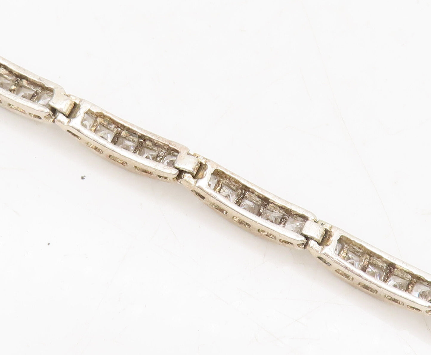 925 Sterling Silver Vintage Bracelet Carved Domed Inlay CZ Row Band Link BT10245
