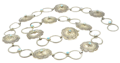 NAVAJO 925 Sterling Silver  Vintage Turquoise Oxidized Star Etched Belt TR1670