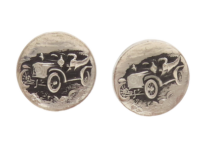 925 Sterling Silver Vintage Carved Car Button Like Round Cuff Links TR3520