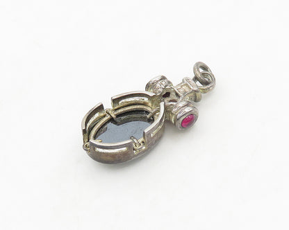925 Sterling Silver  Vintage Shiny Hematite & Pink Topaz Pendant  PT15273
