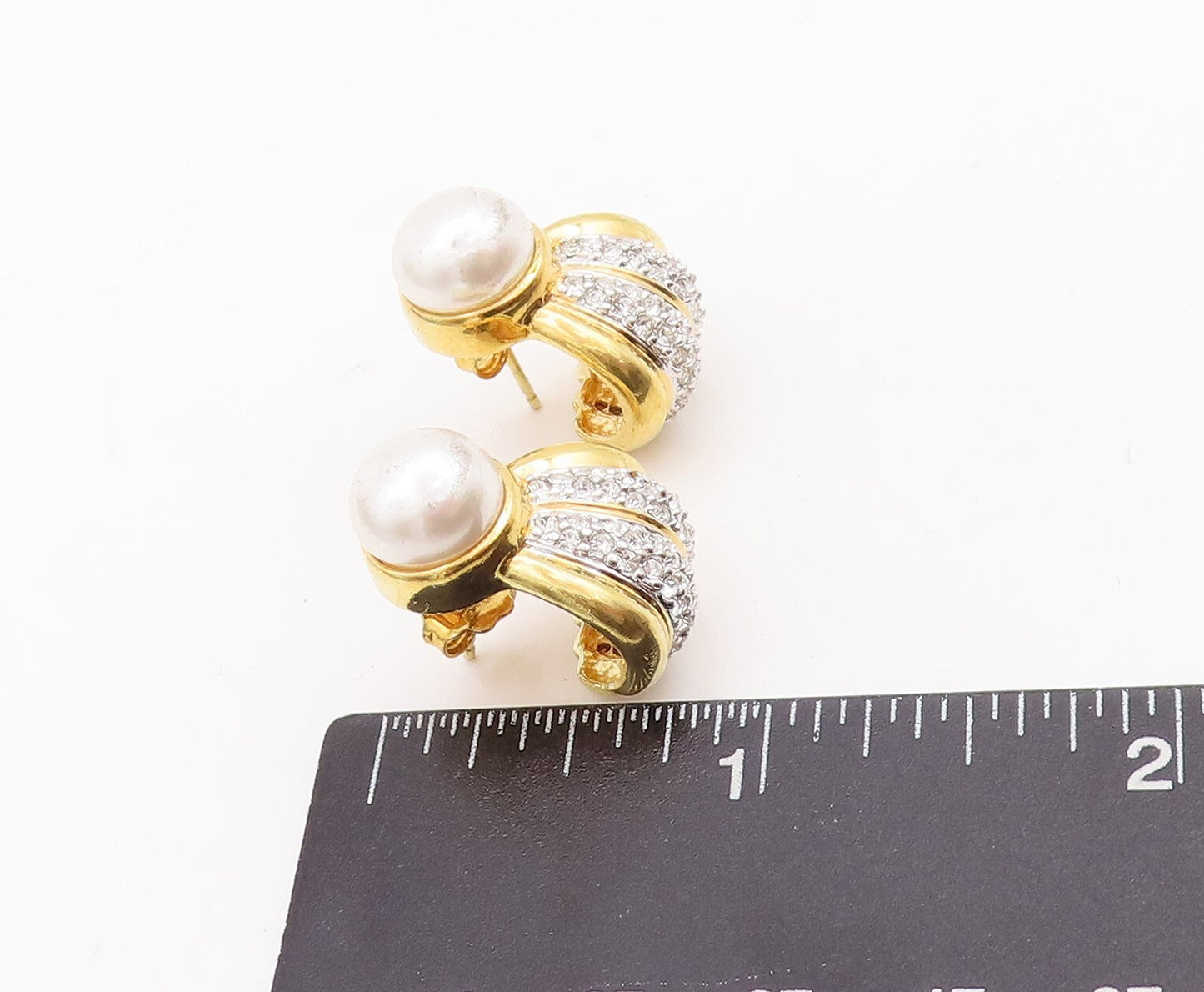 925 Sterling Silver Vintage Earrings Gold Plated Pearl & CZ Inlay  EG13109