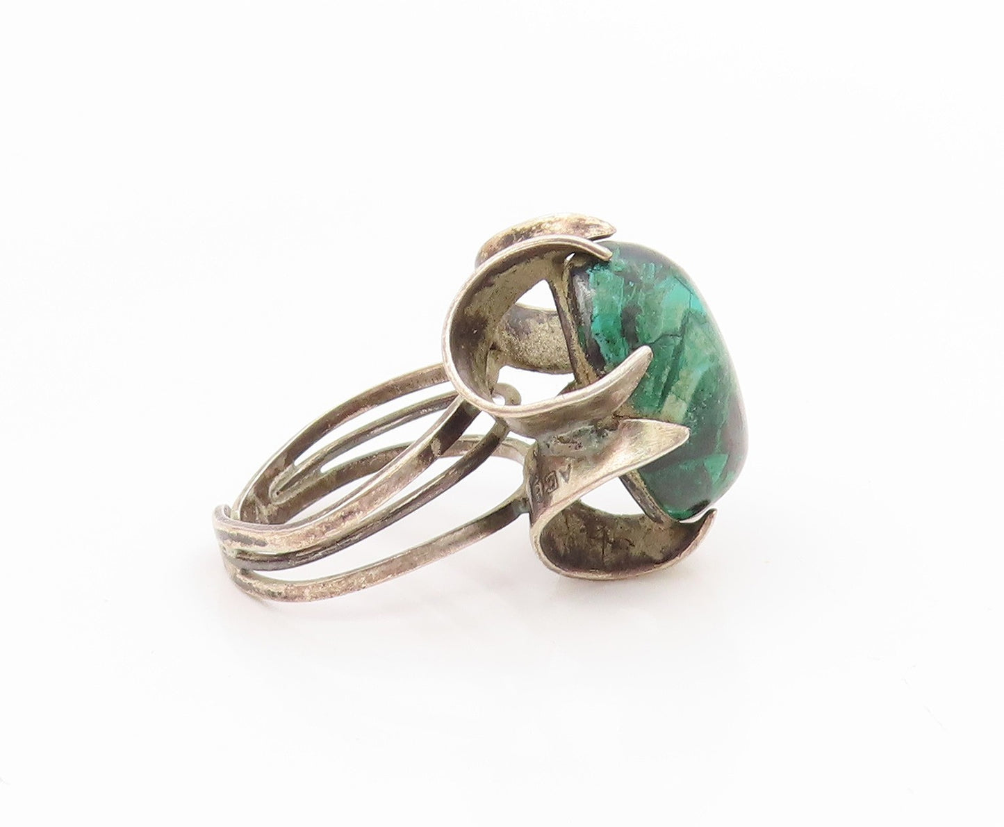 925 Sterling Silver Vintage Ring Cabochon Malachite Floral Band  Sz 7.5  RG34532