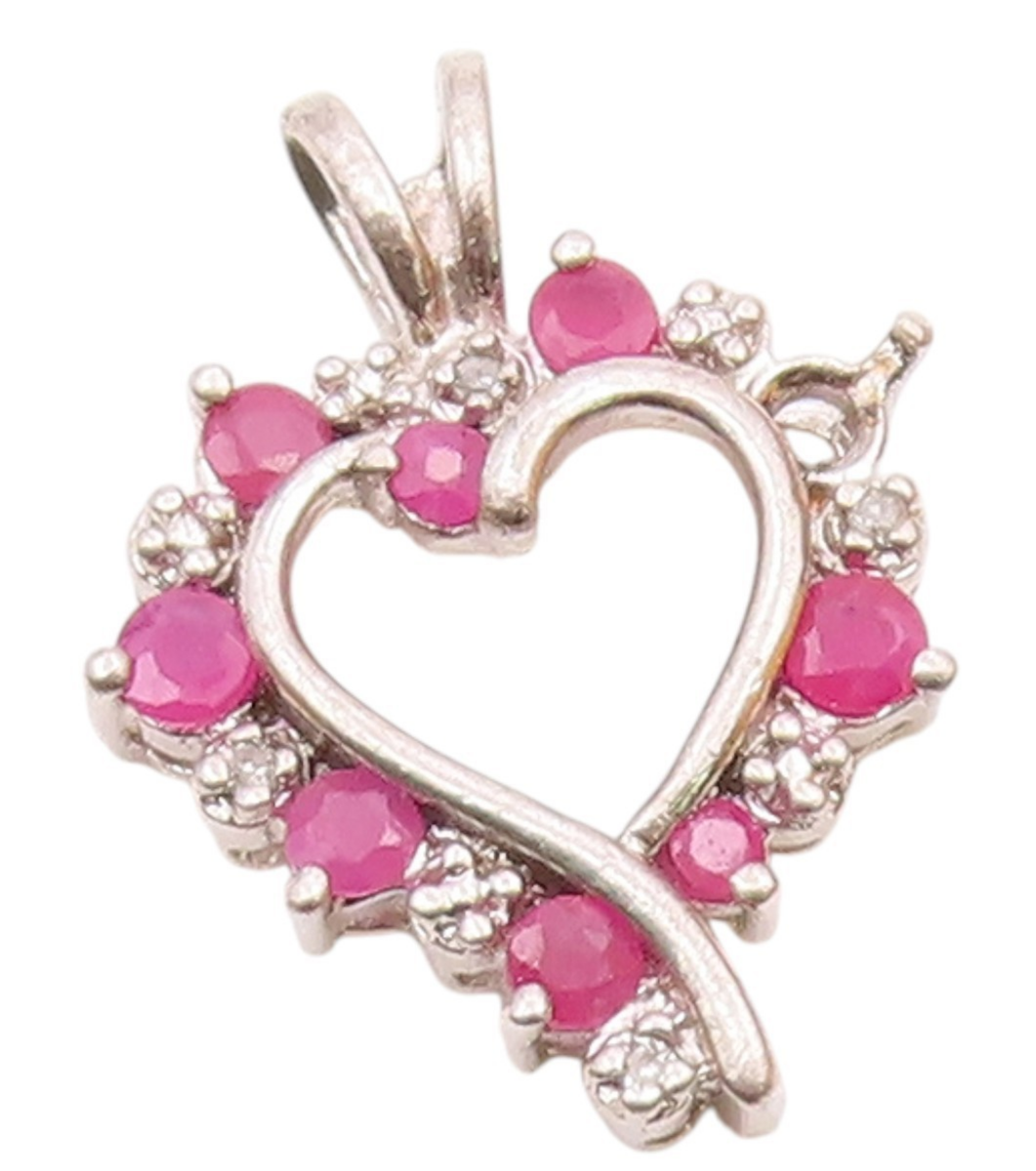 925 Sterling Silver Vintage Genuine Diamonds & Ruby Love Heart Pendant PT20093