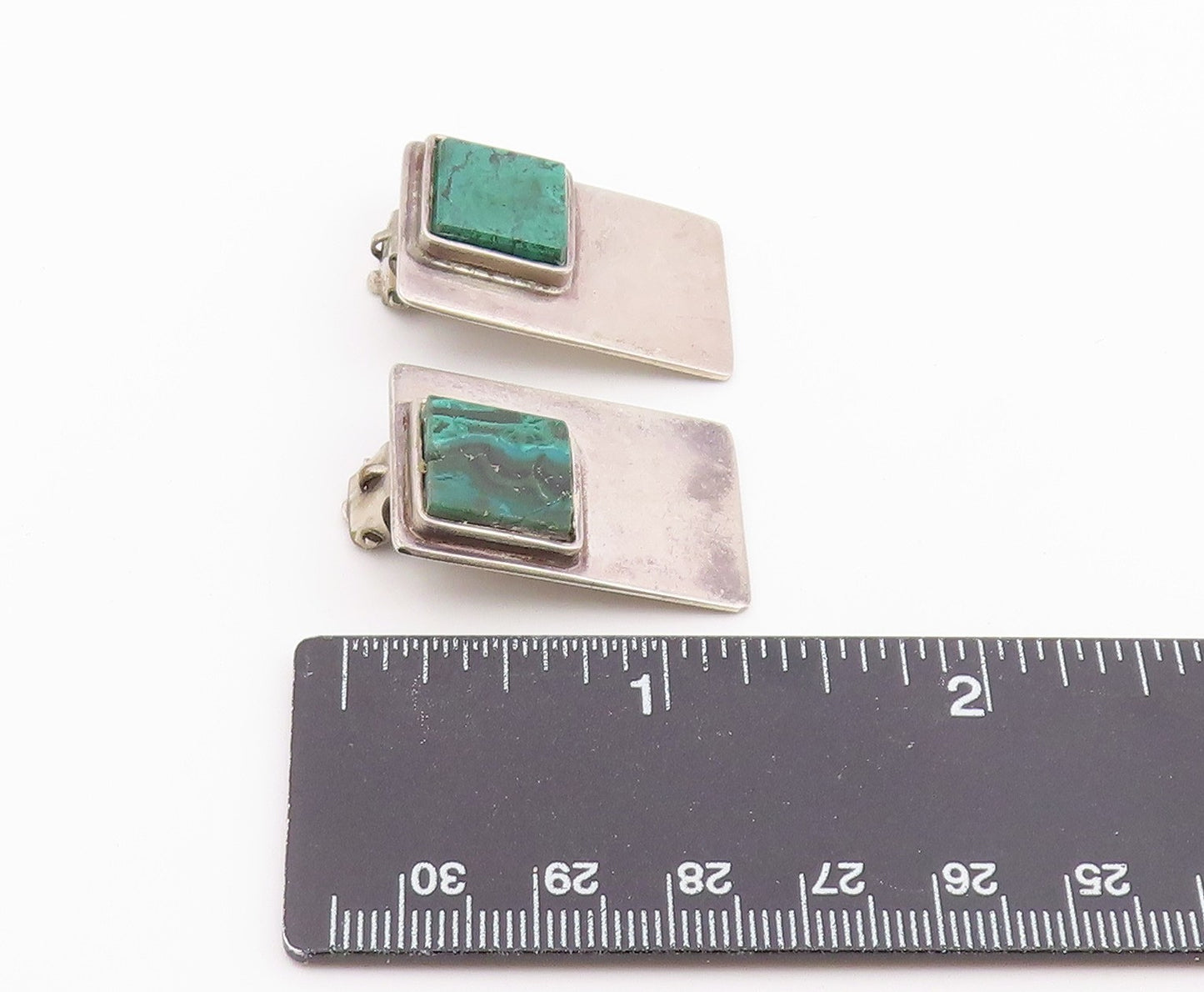 925 Sterling Silver Vintage Earrings Classic Malachite Geometric Clip On EG14436
