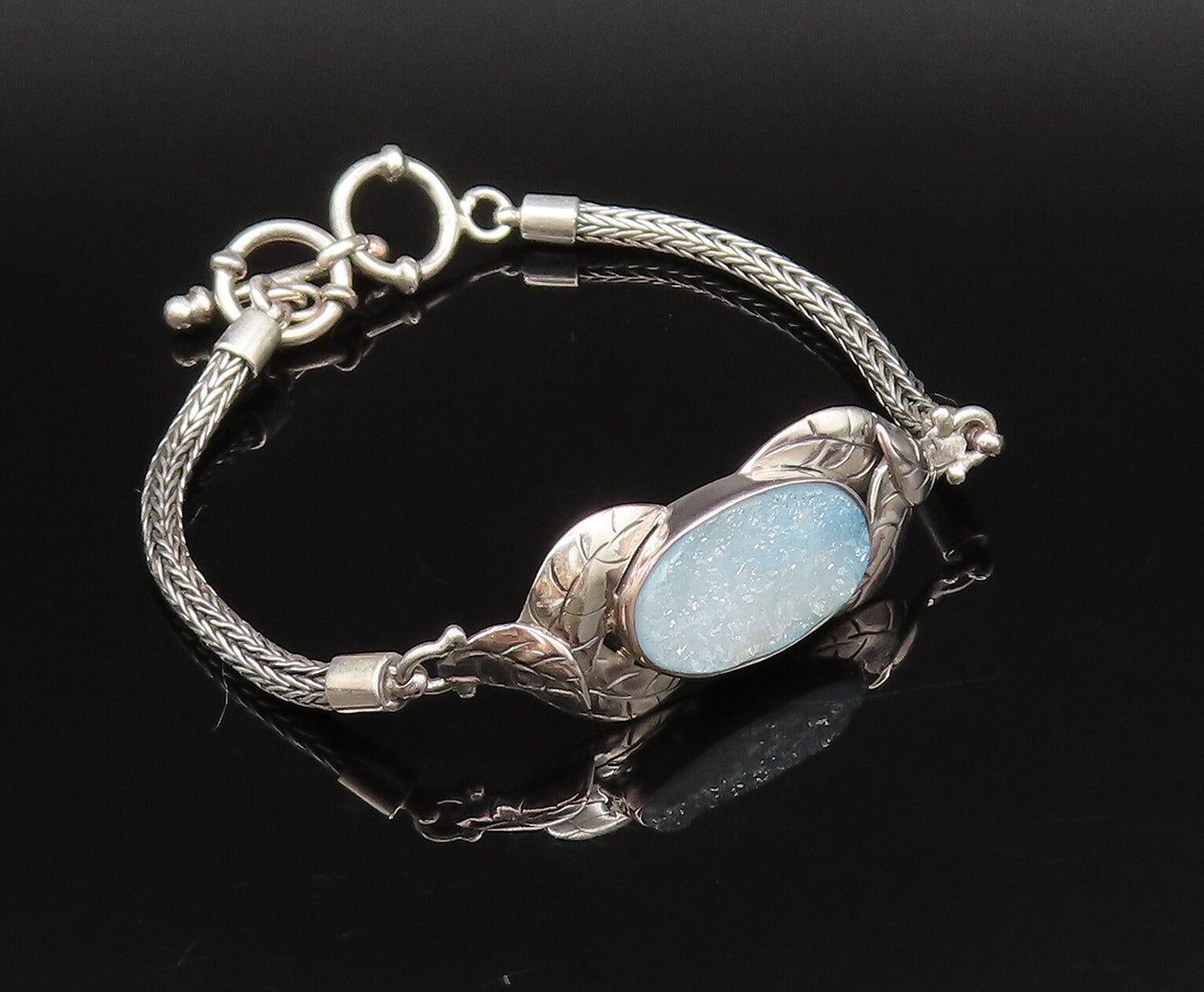 925 Silver  Vintage Blue Drusy Quartz & Etched Leaves Chain Bracelet  BT9674