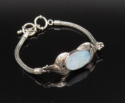 925 Silver  Vintage Blue Drusy Quartz & Etched Leaves Chain Bracelet  BT9674