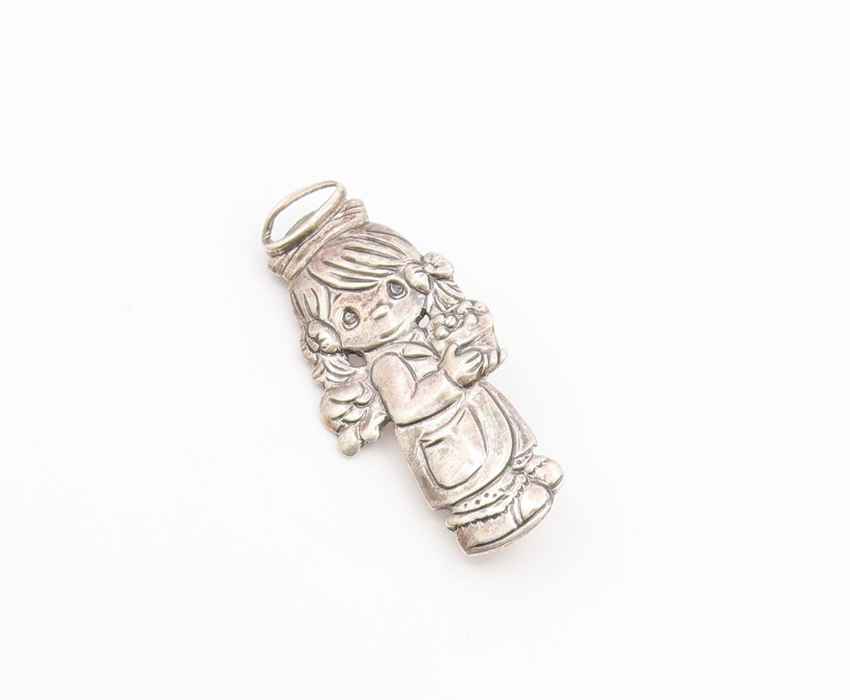 925 Sterling Silver  Vintage Little Girl Angel With Flowers Brooch Pin  BP8589