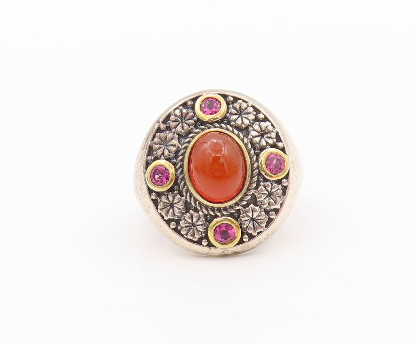 14k Gold 925 Sterling Silver Vintage Ring Gemstone Floral Carved SZ 7.5 RG32218