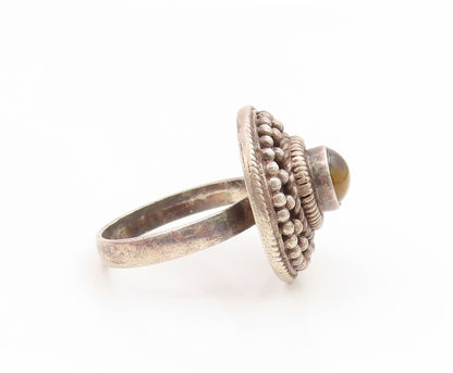 925 Sterling Silver Vintage Ring Round Tiger's Eye Beaded Dome  Sz 8.5  RG35247