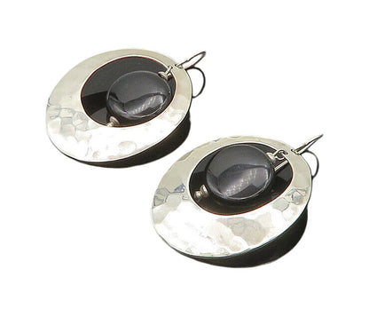 925 Sterling Silver  Vintage Black Onyx Hammered Oval Dangle Earrings  EG10360
