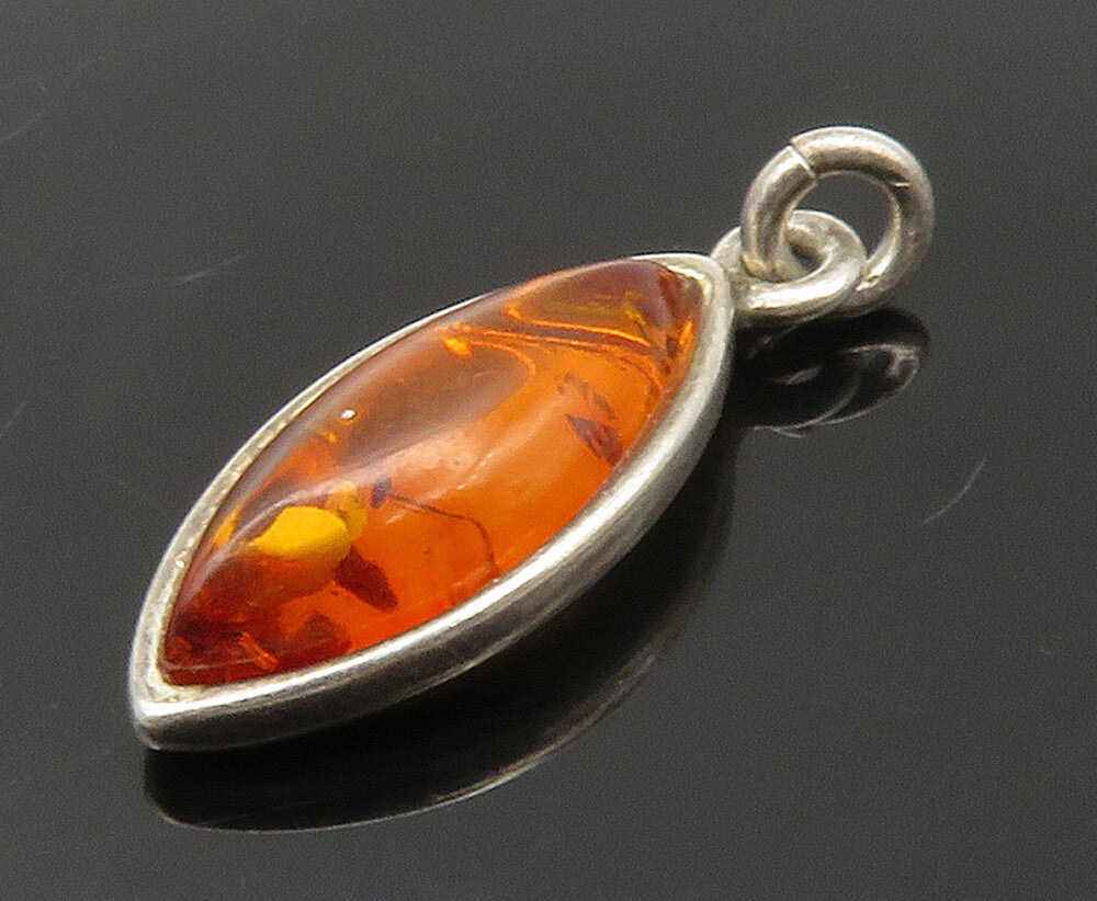925 Sterling Silver  Vintage Marquise Cut Amber Petite Shiny Pendant  PT13273