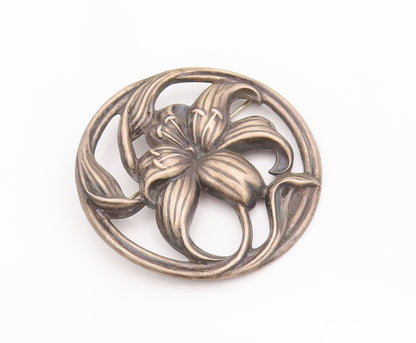 925 Sterling Silver Vintage Brooch Pin Antique Carved Framed Flower  BP10824