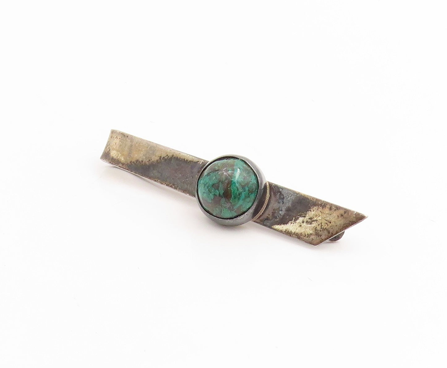 925 Sterling Silver Vintage Tie Clip ISRAEL Round Cabochon Malachite Pin  TR4026