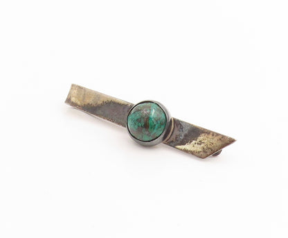 925 Sterling Silver Vintage Tie Clip ISRAEL Round Cabochon Malachite Pin  TR4026
