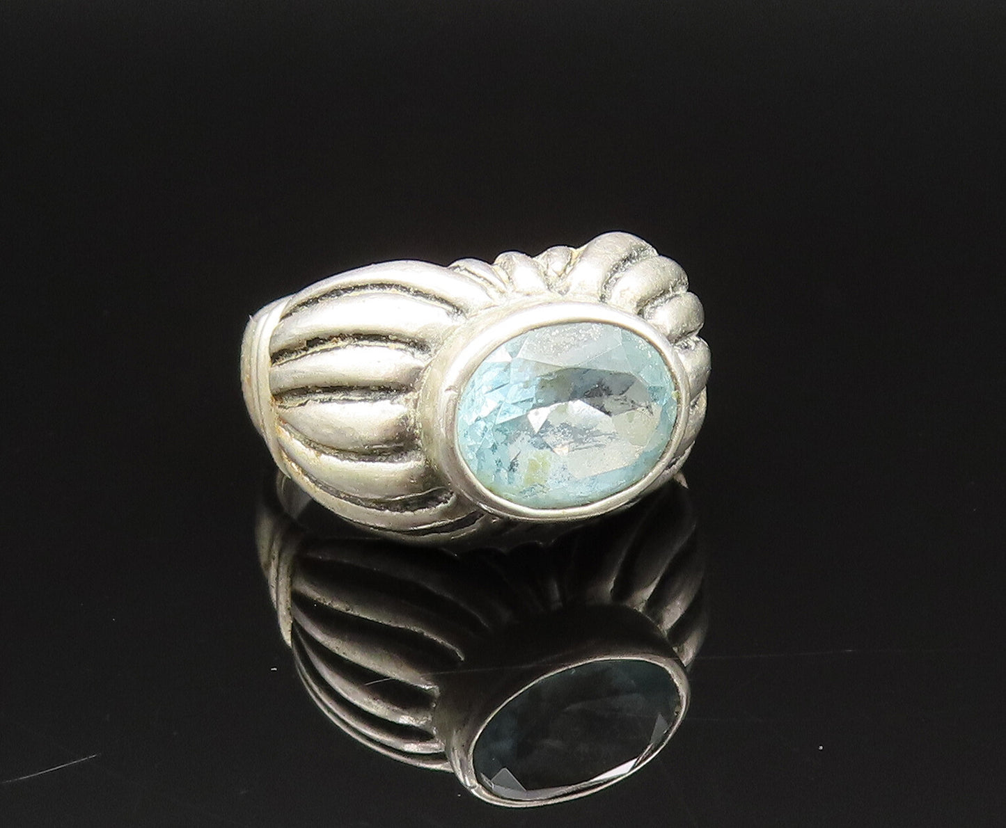 ESPO SIG 925 Silver  Vintage Oval Aquamarine Ribbed Dome Ring Sz 7.5  RG25671