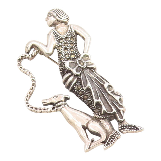 925 Sterling Silver Vintage Brooch Pin Marcasite Lady & Sighthound Dog  BP12437