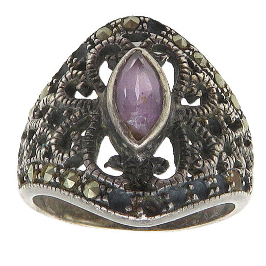 925 Sterling Silver  Vintage Amethyst & Marcasite Band Ring Sz 7  RG18554
