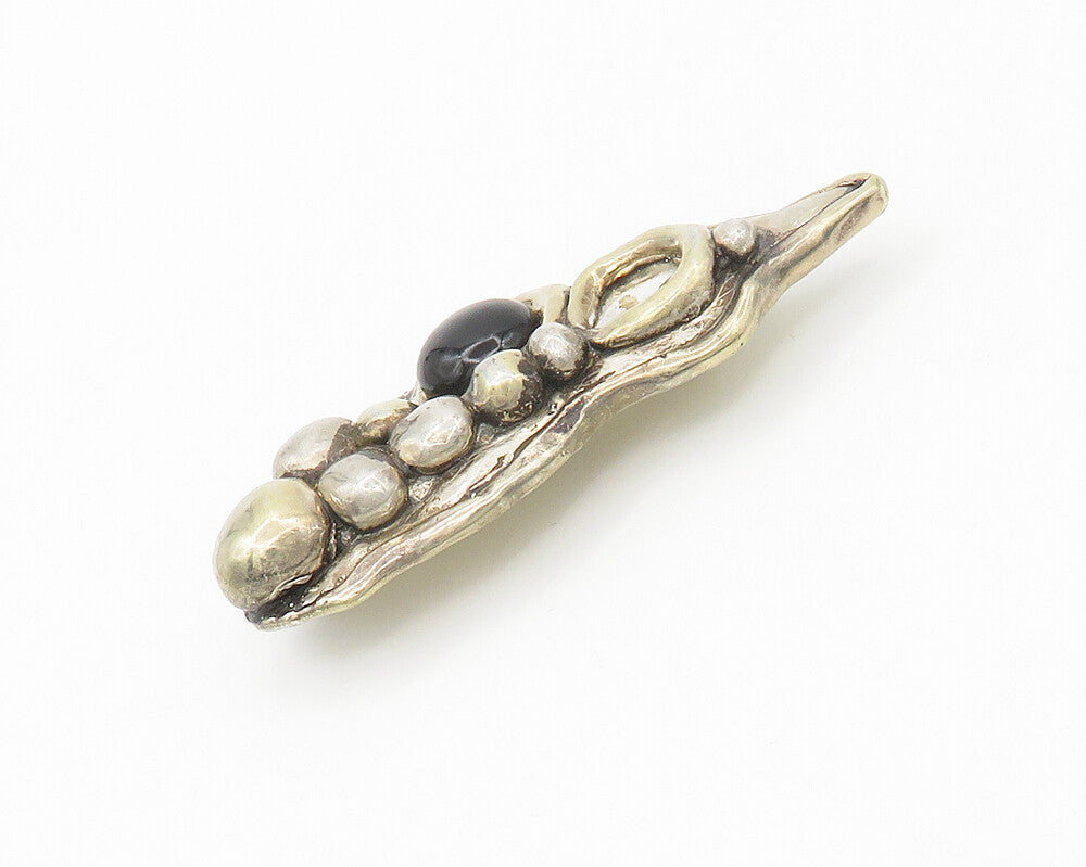 925 Sterling Silver  Vintage Cabochon Black Onyx Sculpted Brooch Pin  BP6873