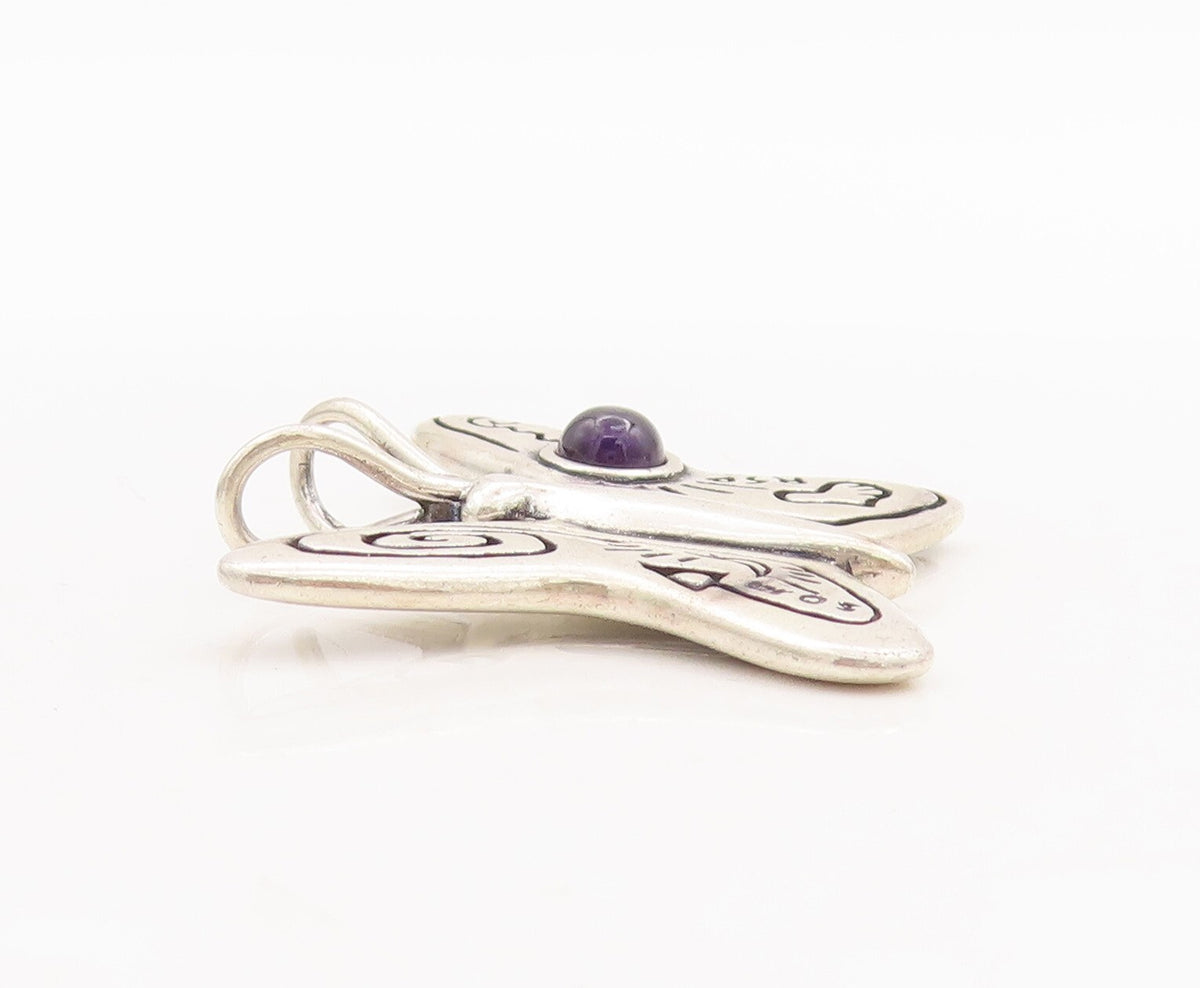 925 Sterling Silver Vintage Pendant Amethyst Swirly Etched Butterfly  PT23468