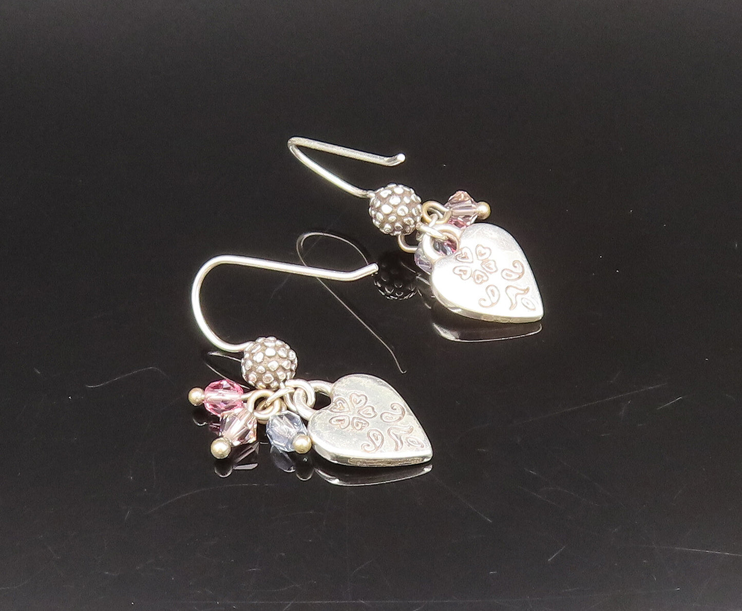 925 Silver  Vintage Engraved Love Heart & Quartz Dangle Earrings  EG12283