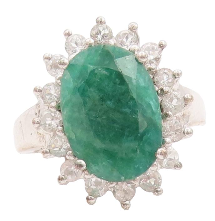 925 Sterling Silver Vintage Ring Large Green Emerald Halo Topaz  Sz 7  RG29165