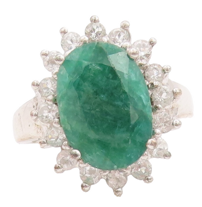 925 Sterling Silver Vintage Ring Large Green Emerald Halo Topaz  Sz 7  RG29165
