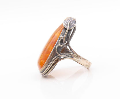925 Sterling Silver Vintage Ring POLAND Floral Carved Honey Amber  Sz 8  RG32664