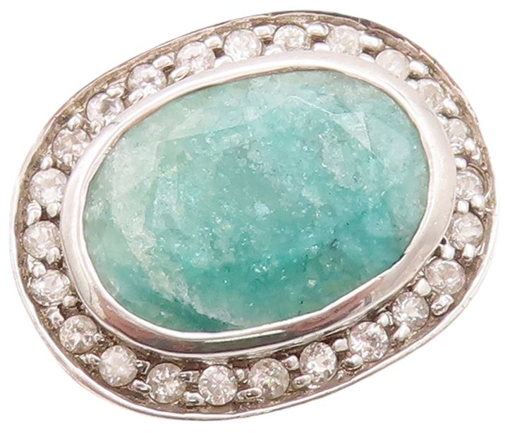 925 Sterling Silver Vintage Ring Oval Cut Green Gemstone CZ Frame  Sz 7  RG29702