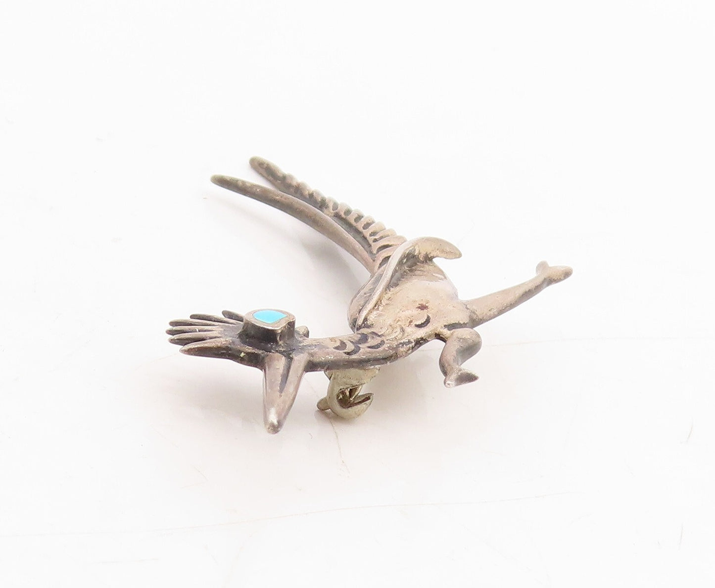 925 Sterling Silver Vintage Brooch Pin Larimar Eye Road Runner Bird  BP11466