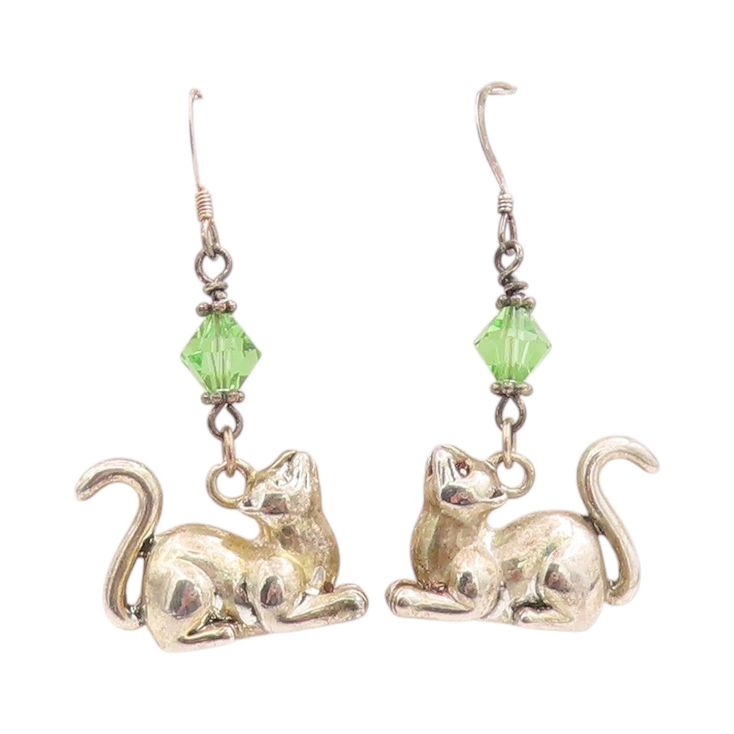 925 Sterling Silver Vintage Earrings Lucky Cat Charm with Green Sparkle  EG13710