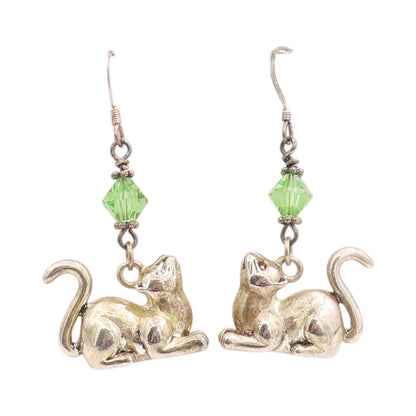 925 Sterling Silver Vintage Earrings Lucky Cat Charm with Green Sparkle  EG13710