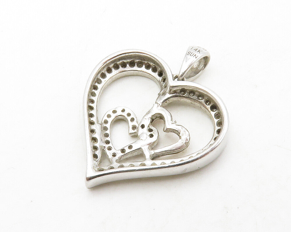 925 Sterling Silver  Vintage Genuine Diamonds Open Love Heart Pendant  PT10368