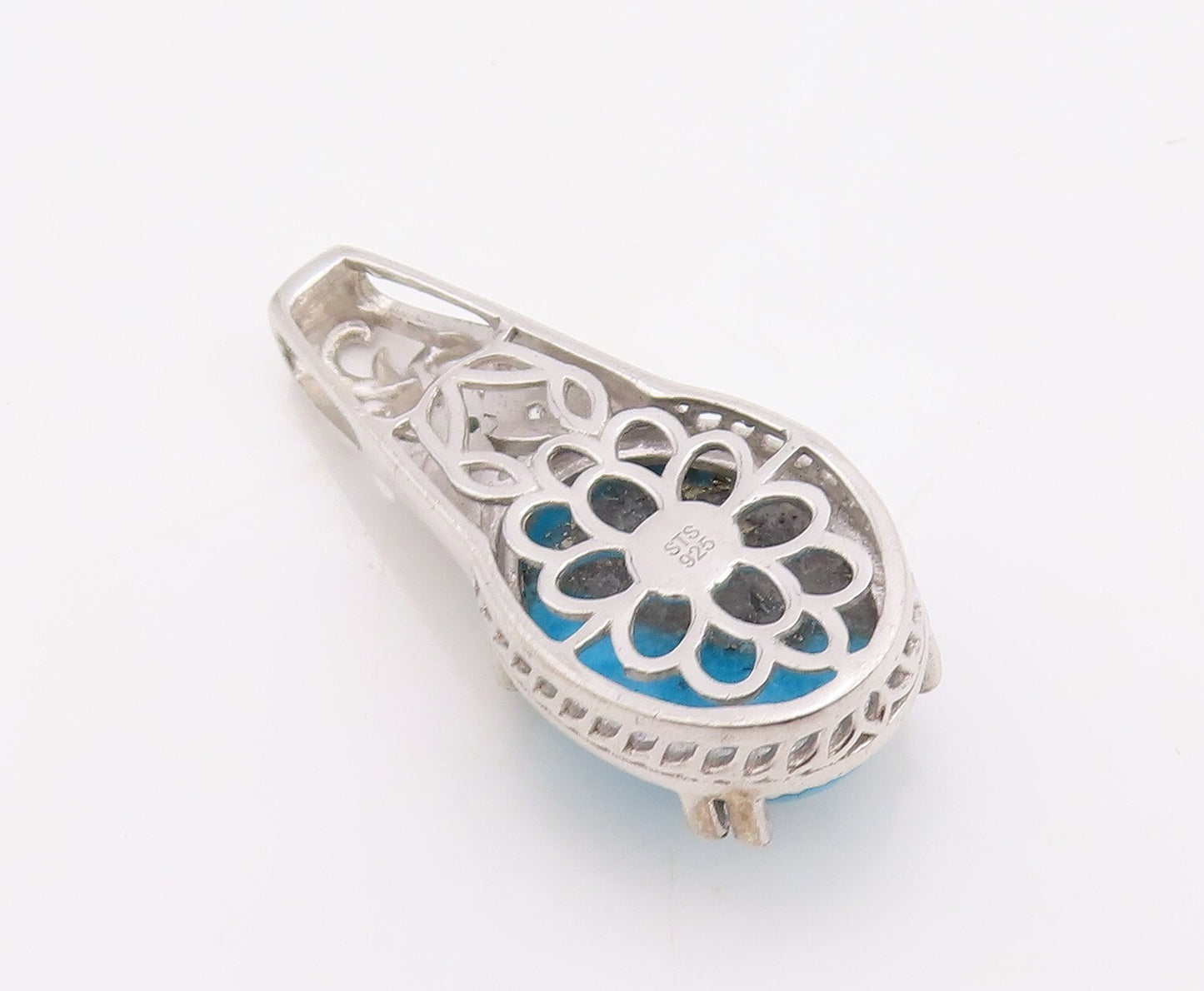 925 Sterling Silver Vintage Pendant Carved Diamonds & Oval Turquoise  PT23506