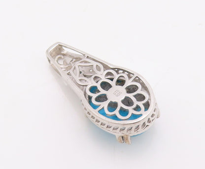 925 Sterling Silver Vintage Pendant Carved Diamonds & Oval Turquoise  PT23506