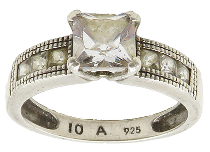 925 Sterling Silver  Cubic Zirconia Solitaire With Accents Ring Sz 10  RG15492