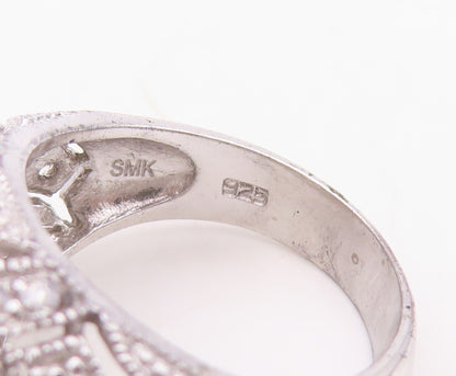 925 Sterling Silver Vintage Ring Designer Carved CZ Inlay Dome  Sz 7  RG30442