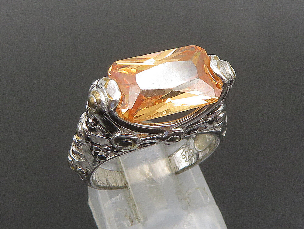 925 Silver  Vintage Orange Cubic Zirconia Beaded Detail Ring Sz 6.5  RG24783