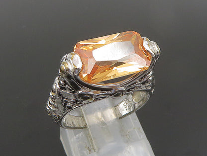 925 Silver  Vintage Orange Cubic Zirconia Beaded Detail Ring Sz 6.5  RG24783