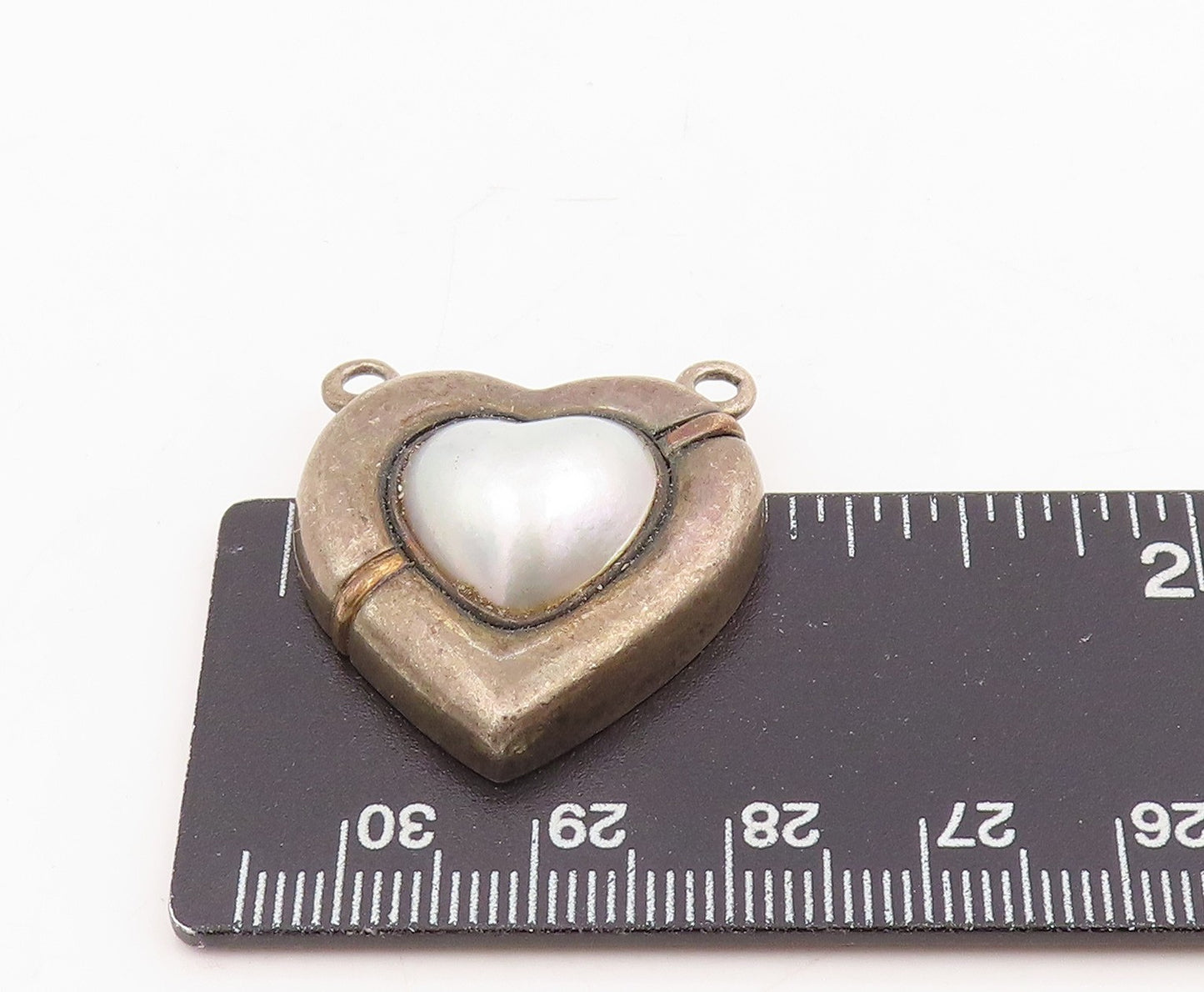 14k Gold & 925 Sterling Silver Vintage Pendant Pearl Love Heart Charm   PT25848