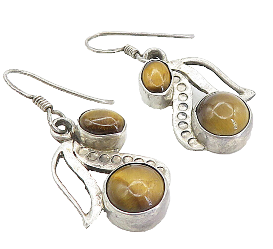 925 Sterling Silver  Vintage Cabochon Cut Tiger's Eye Dangle Earrings  EG3780